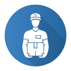 Deliveryman with parcel blue flat design long shadow glyph icon. Courier holding cardboard box. Postman with package. Delivery, postal service. Express shipping. Vector silhouette illustration