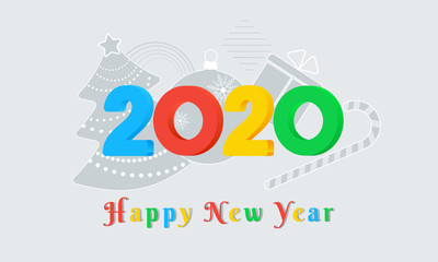 2020 Happy New Year colorful text design with color 3d numbers on grey background with christmas tree, ball, gift box and candy cane. Holiday banner, poster, greeting card template. Year of the rat