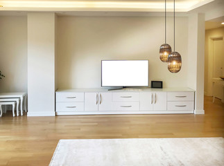 modern living room interior design television unit and lamp