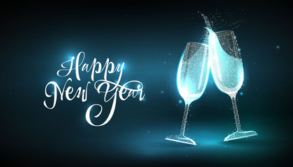 Happy New Year 2020. Glasses champagne in style Low poly wireframe on blue background. Banner or postcard. Effect Starry sky. Illustration with connected dots and lines. 3D vector wireframe mesh © o_du_van