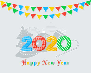 2020 Happy New Year text design with colorful numbers on grey background with party flags garland, christmas tree, ball, gift box, candy cane. Holiday banner, new year greeting card template.