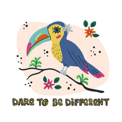 Dare to be different hand drawn lettering motivation text and exotic toucan bird. Vector illustration in doodle trendy style.