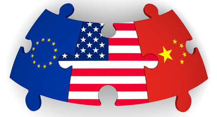 Naklejka premium Cooperation of USA, European Union and China. Puzzles with flags of United States of America, European Union and China together on white surface. Isolated. 3D Illustration