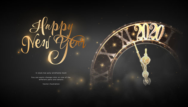 Happy New Year 2020. lock in style Low poly wireframe art on blackbackground. Concept for holiday or magic or miracle. Effect Starry sky. Polygonal illustration with connected dots and lines.Vector