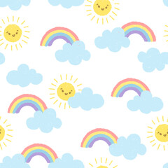Rainbow doodle vector seamless background with sun and clouds. Design for fabric. Hand drawn cute abstract pattern.