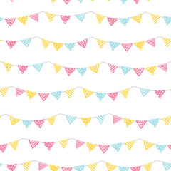 Seamless pattern with colorful party pennants chain, garland with flags, Holiday background with hanging colorful flags.
