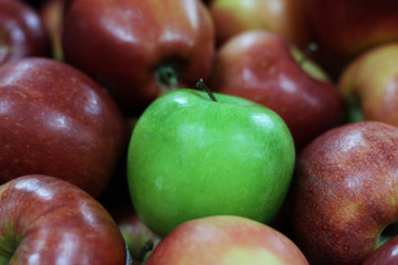 green apple in the middle of red apples
