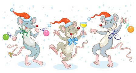 Three funny mice - symbols of the New Year are  dancing. In cartoon style. Isolated on a white background.