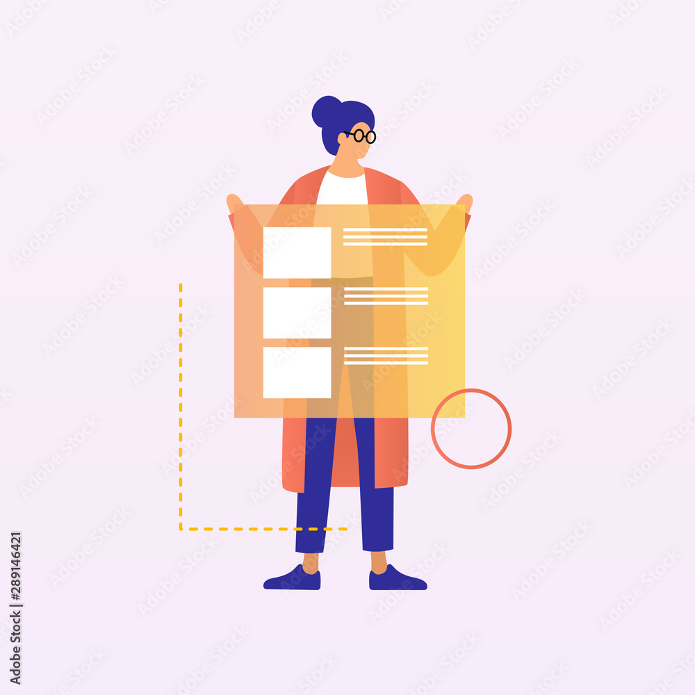 Sticker the girl is holding a design layout of a computer application. digital industry concept. vector illu