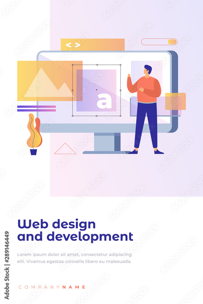 Poster a man stands in front of the monitor screen. concept of web design and website development. vector i