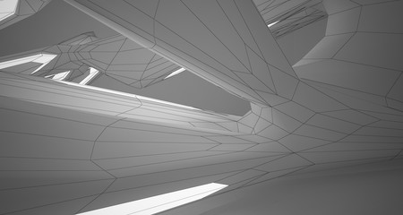 Abstract architectural white interior of a minimalist house with neon lighting. Drawing. 3D illustration and rendering.