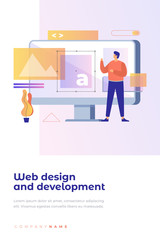 A man stands in front of the monitor screen. Concept of web design and website development. Vector illustration for banner.