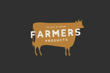 Logo template with the image of the silhouette of a cow and the inscription farm produt. Emblem for butcher shops, markets, packaging and advertising. Vector illustration on dark background.
