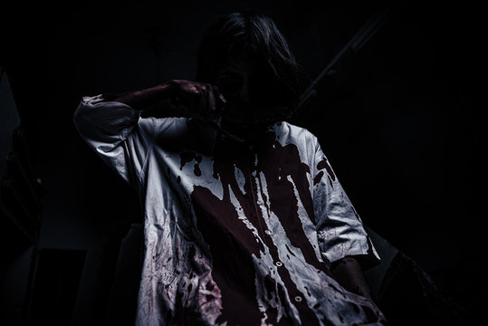 Portrait of asian woman make up ghost face,Horror scene,Scary background,Halloween poster
