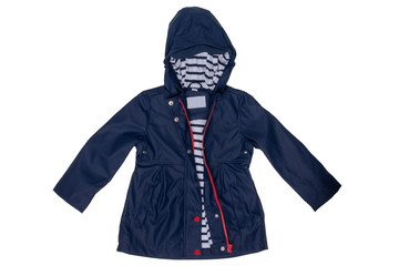 Rain jacket. Close-up of elegant waterproof marine blue zipper windbreaker jacket and hood for girls isolated on a white background. Kids fashion for rain season. © Olga