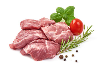 Raw pork meat, ingredients for goulash or kebab, isolated on white background