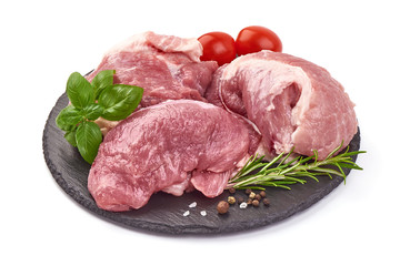 Raw pork meat, ingredients for goulash or kebab, isolated on white background