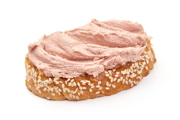 Sandwich with homemade chicken liver pate, isolated on white background