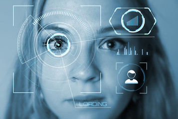 Modern cyber girl with technolgy concept, smart contact lens display, Iris verification, wearable computing, abstract image visual.