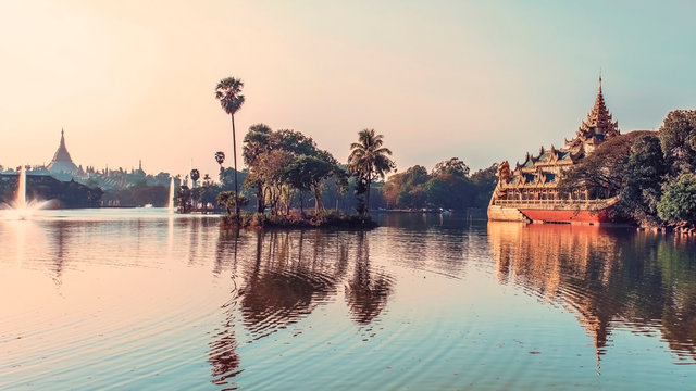 Karaweik on Kandawgyi lake in Yangon
