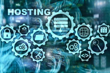 Web Hosting Technology Internet and Networking Concept. On Server room background. Virual screen