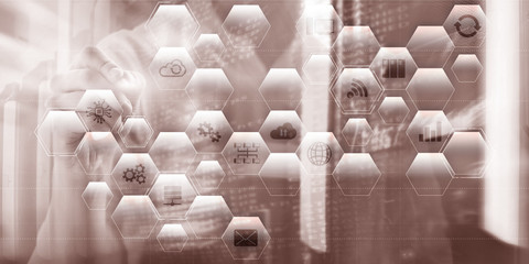 Information communication technology concept. Abstract background with icons and blurred server room