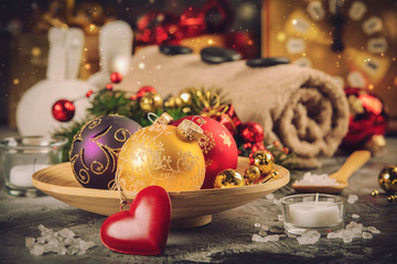 Spa composition with Christmas decoration. Holiday SPA treatment