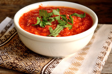 adjika, ceramic, salty, vegan, home made, tasty, healthy, taste, ketchup, dish, natural, pickled, grated, vegetable, preservation, canning, eat, national, ripe, cooking, fresh, food, cuisine, homemade