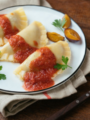 Home made Mushroom Pierogi with Plum Chili Sauce