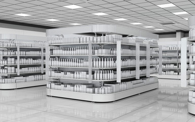 Interior of a supermarket with shelves for goods. 3d illustration