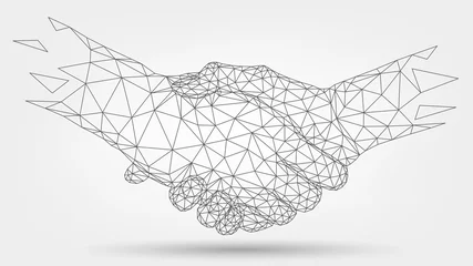 Foto op Plexiglas Two wire-frame hands, handshaking, partners, friendship or business partnership, technology, business, trust concept © lidiia
