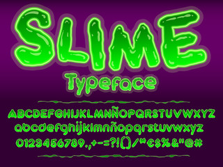 Green glowing toxic slime font. Halloween vector alphabet