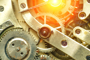 Vintage watch machinery macro detail monochrome.Mechanism of pocket watch with grunge texture.