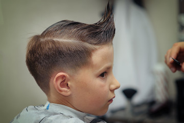 Barber shop. Barber makes hairstyle to a boy with styling gel and hairbrush.