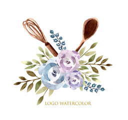 Logo for cake shop and bakery, cook, kitchen with floral elements leaves and flowers roses and cooks. Watercolor illustration.