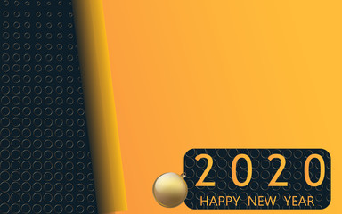 Black yellow background, twisted roll, abstract decor, christmas ball - vector. Happy New Year 2020. Banner Corporate.