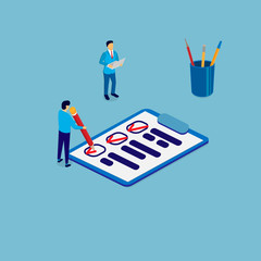 Business people leave notes in a notebook. Training. Performance of tasks. Vector illustration