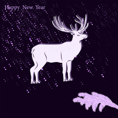 White deer, spruce branch, abstract drops on a dark purple background - vector Happy New Year 2020. Christmas.