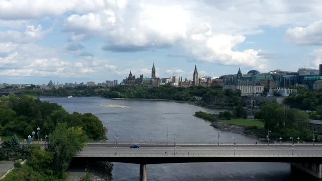 Hyperlapse view of Downtown Ottawa Canada with parliament and bridge to gatineau