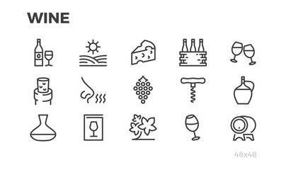 Wine, Grapes, Wine Bottles and Glasses. Vector icons. Editable line.