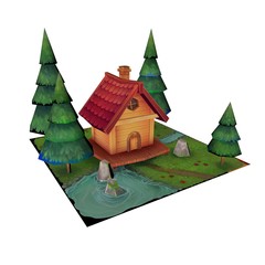 Obraz na płótnie Canvas 3d Render of A House home and Lawn with surrounding trees Kids and cartoon style Dreamy house 3d Illustration 4k White Background Left SIde View