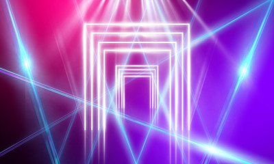 Ultraviolet abstract light. Diode tape, light line. Violet and pink gradient. Modern background, neon light. Empty stage, spotlights, neon. Abstract light.