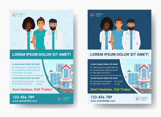 Stylish Medical Care template two colors for Medical Center with illustration for Brochure, Flyer, Magazine, Poster, Corporate Presentation, infographic, marketing material. Vector template in A4 size