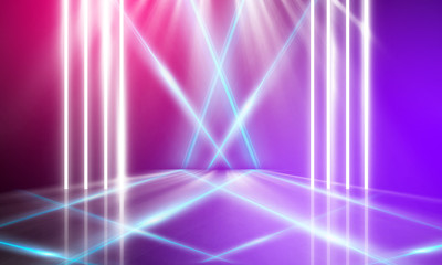 Fototapeta premium Ultraviolet abstract light. Diode tape, light line. Violet and pink gradient. Modern background, neon light. Empty stage, spotlights, neon. Abstract light.