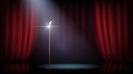 A scene with a red curtain and a standing microphone. Concert, show, performance