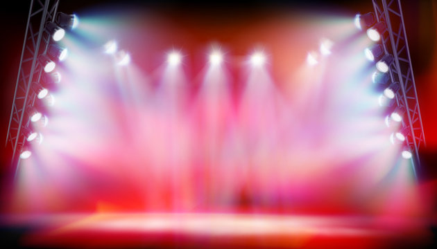 Stage illuminated by spotlights during the show on the stadium. Red background. Vector illustration.
