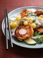 Asian Barbecued TVP Medallion Salad with Gooseberry Sauce