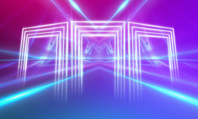 Ultraviolet abstract light. Light tunnel and laser lines. Violet and pink gradient. Modern background, neon light. Empty stage, spotlights, neon. Abstract light.