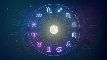 Wheel with twelve signs of the zodiac in night sky, astrology, esotericism, prediction of the future.