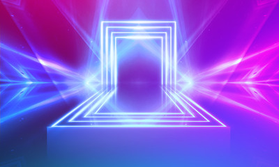 Fototapeta premium Ultraviolet abstract light. Light tunnel and laser lines. Violet and pink gradient. Modern background, neon light. Empty stage, spotlights, neon. Abstract light.